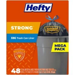 Hefty Extra Strong 33 Gal Trash Can Liners Drawstring 48 Pk 1.05 Mil